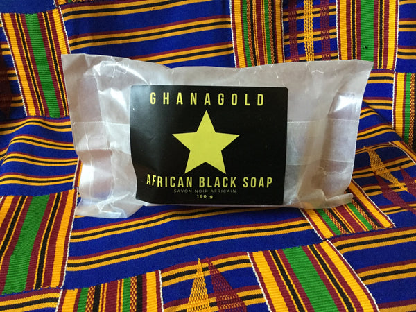 African Black Soap in GhanaGold Packaging on Kente cloth