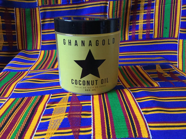 Coconut Oil in GhanaGold Packaging on Kente cloth